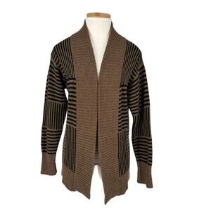 Helen HSU NY Wool Blend Open Cardigan XS Beige Black Geometric Stripe Old Money